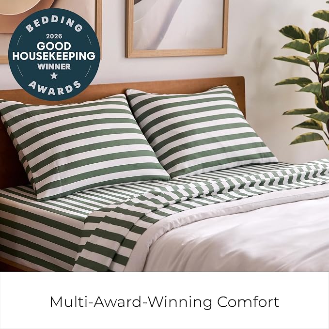 Mellanni Iconic 5-PC, Ultra Soft Sheet Set (Split King, Oxford Stripe Sage) | 10M+ Sleepers. Lab-tested: Sleeps Cool, Stays Bright, Strong, Smooth. Good Housekeeping Best Bedding, 7 yrs running.