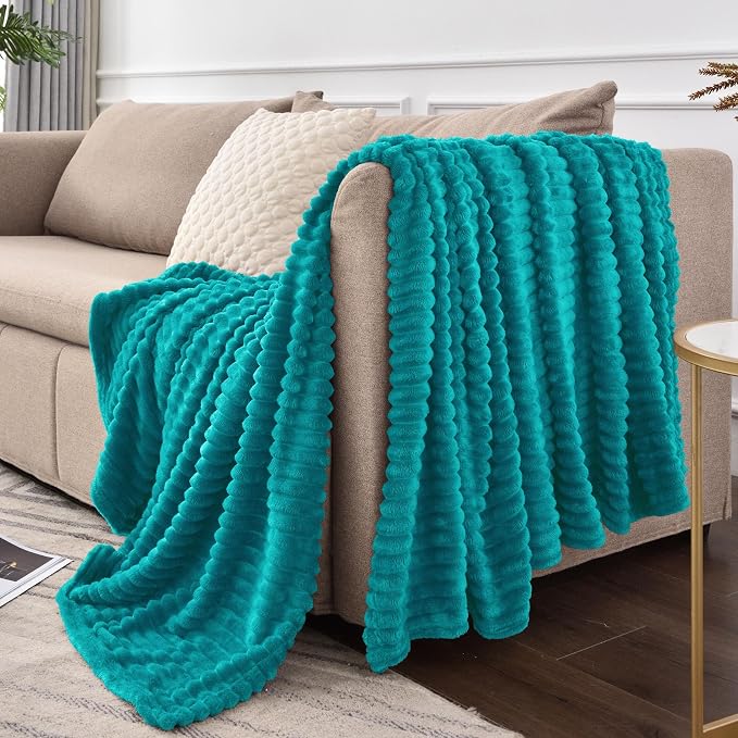BEDELITE 3D Ribbed Ocean Blue Fleece Twin Blanket for Couch, 60x80 Inch | Soft Warm Fluffy Blanket for Bed Sofa College Dorm Room Decor, Luxury Cozy Plush Birthday Gifts for Women Girls, Lightweight
