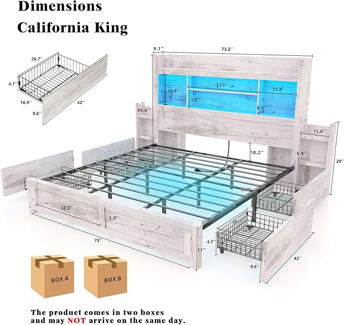 LUXOAK California King Bed Frame with Storage, Distressed White | 49.6" Headboard, Wood Platform Bed, Charging Station, Bedside Storage, 4 Storage Drawers, No Box Spring Needed, Farmhouse