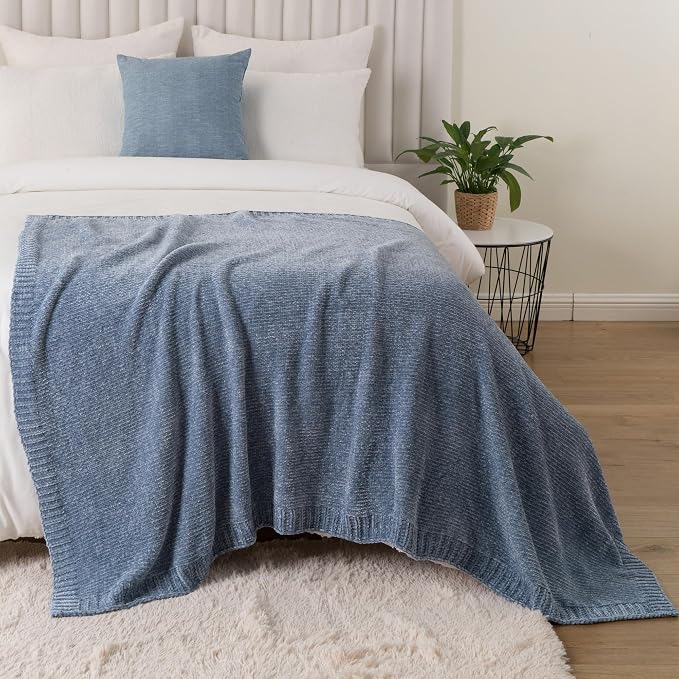 BATTILO HOME Blue Grey Chenille Throw Blanket for Couch, 51"x67" | Shiny Chenille Blanket, Blue Knit throw Blanket, Soft & Breathable, Summer Throw for Couch, Bed & Sofa