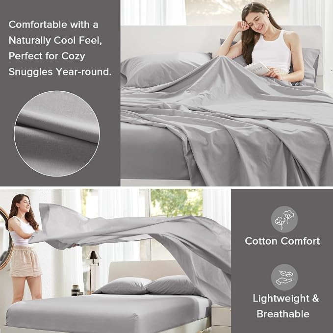 Comfort Spaces 100% Cotton Percale Sheets King Sheet Set 4 Piece, Grey | Crisp, Cool & Breathable Bed Sheets, 14" Deep Pocket Fits Up to 16" Mattress, Lightweight, All Season Cozy, with Pillow Case