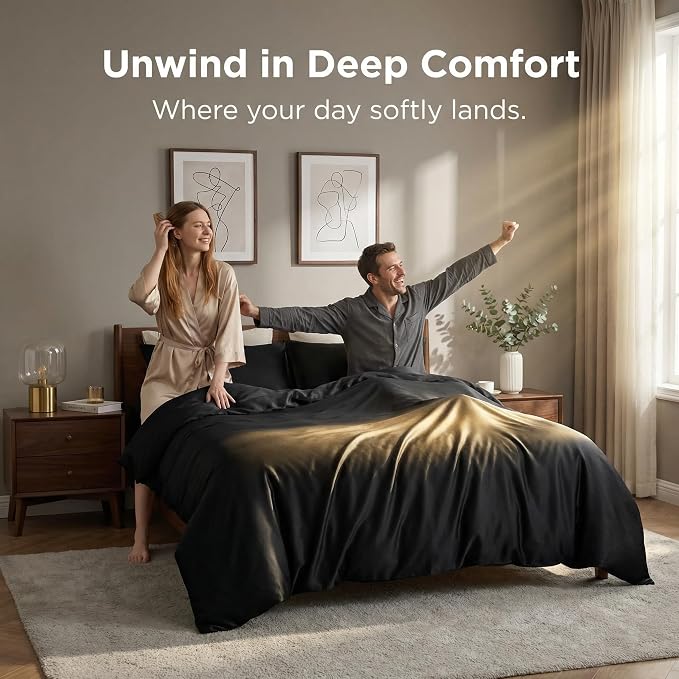HeimenAogo Egyptian Cotton Duvet Cover Queen Size Sateen Weave, Silky Soft and Breathable Bedding Set with Zipper Closure, Long Staple Cotton Bed Linen Pure Black 3Pcs (90"×90")