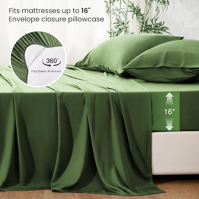 Love's cabin 3 Piece Twin Sheet Set, 100% Rayon Derived from Bamboo, Cooling & Breathable, Soft Silky Deep Pocket up to 16", Hotel Luxury Bedding for Hot Sleepers, Olive Green