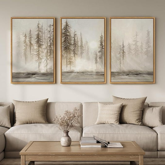 Large Framed Abstract Forest Landscape Wall Art for Living Room, 24x36 Inch | 3 piece, Modern, Canvas artwork, Pine tree forest picture, Farmhouse wall decor, Home office art, Ready to hang, Wood frame