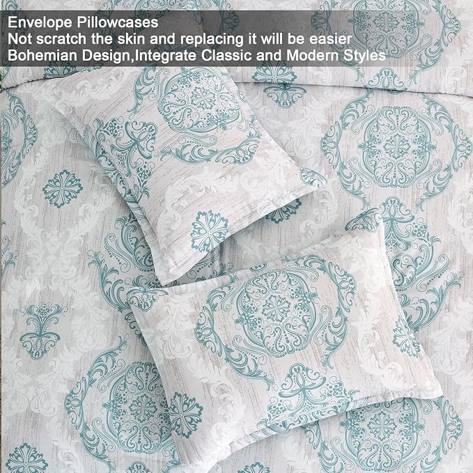 WONGS BEDDING Aqua Comforter Set Queen Size, Damask Texture 7 Pieces Bed in a Bag Microfiber Bohemian Comforter Bedding Sheet Set with Comforter, Flat Sheet, Fitted Sheet,Pillow Shams,Pillowcases