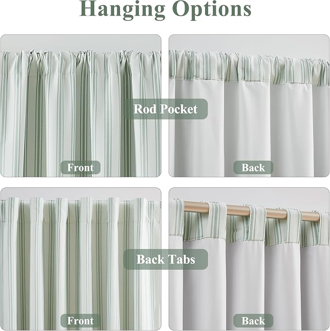 ZJDECOR 72 Inch Green White Striped Full Blackout Curtain Panels | Stripe on White Cotton Blended Fabric,Room Darkening Window Treatment for Bedroom Living Room,Back Tabs Rod Pocket