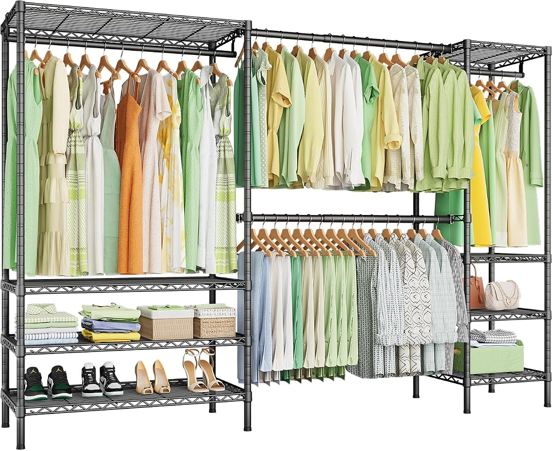 Ulif E11 Heavy-Duty Garment Rack, Metal Clothes Rack, Load 1034lbs, Black | Freestanding Expandable Closet Storage Organizer System with 8 Shelves and 4 Hanger Rods, (73.2-97.6)"W x 14.5"D x 71.2"H