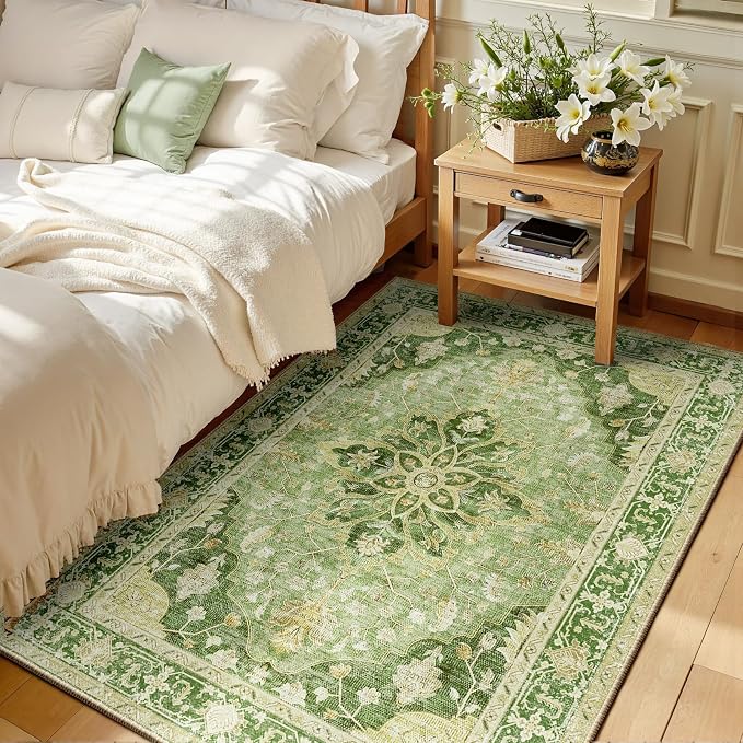RELEANY Washable Area Rug, 3'x5', Green/Yellow | Non-Slip, Water Repellent, Pet Friendly, Easy to Clean, Vintage Floral Boho Decor for Living Room Bedroom Beside Kitchen