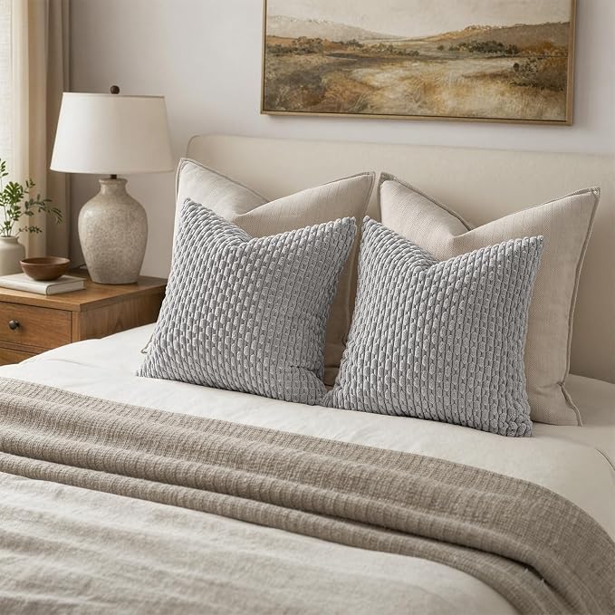 MIULEE Decorative Throw Pillow Covers 18x18 Light Grey Textured Corduroy | Pack of 2 Striped Pillow Covers Modern Farmhouse Home Decor for Couch Bed Sofa Living Room