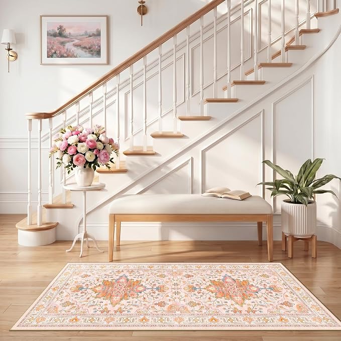 RELEANY Washable Area Rug, Runner 2'6"x5', Pink/Light Pink/Colorful | Non-Slip, Water Repellent, Pet Friendly, Easy to Clean, Vintage Floral Boho Decor for Kitchen Entry Bedroom Bedside Laundry