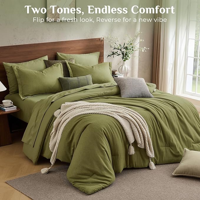 JOLLYVOGUE Olive Green Queen Comforter Set, Cationic Dyeing Bed in a Bag Queen 7 Pieces, Double-Tone Bedding Set with Down Alternative Comforter, Sheets, Pillowcases & Shams