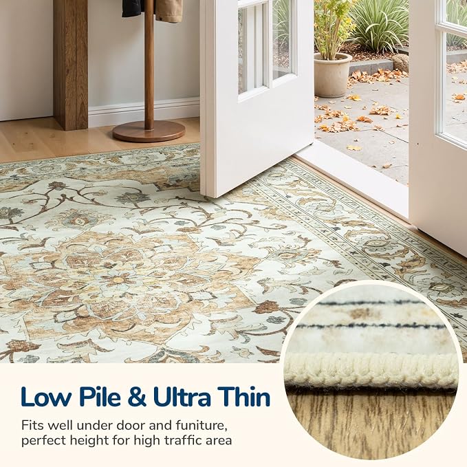 Area Rugs 8x10 for Living Room,Large Washable Carpet Light Beige | Boho & Vintage,Non Slip Backing,Works With All Vacuums,0.25inch Low Pile for Bedroom Dining Room Home Office,Family Friendly