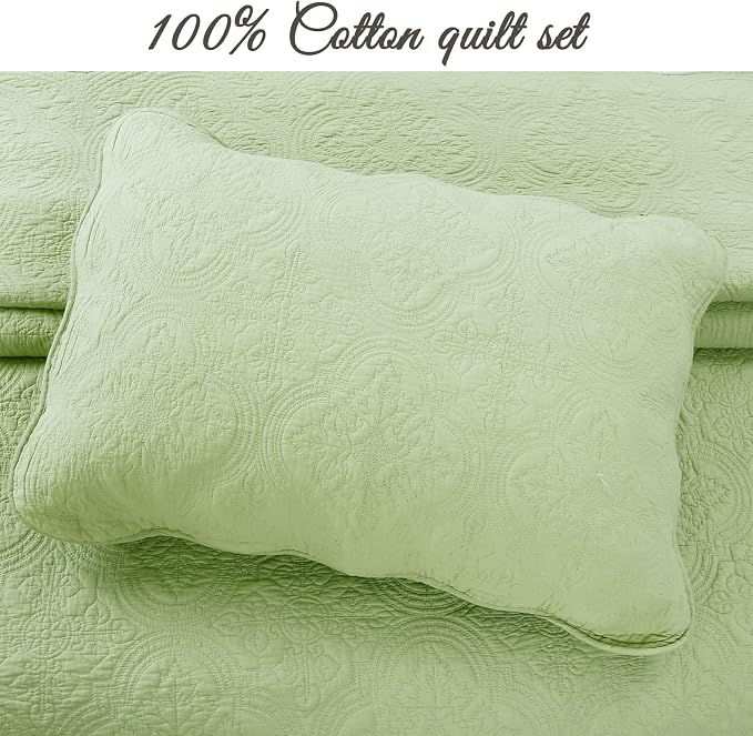 Cozy Line Home Fashions 100% Cotton Medallion Matelasse Embossed Bedding Quilt Set, Reversible Lightweight Bedspread, Coverlet for All Season (Blantyre - Green, King - 3 piece)
