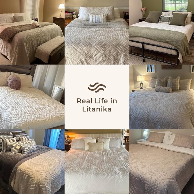 Litanika Full Size Comforter Set, 3 Pieces Beige Tufted Boho Bedding Set | Farmhouse Shabby Chic Vintage Bohemian Textured Aesthetic Soft Fluffy Lightweight Breathable All Season Bed Set for Full Bed
