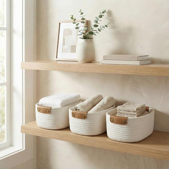 Beautiful Storage Basket Set of 3 - Sturdy Rope Baskets for Shelves | Perfect for Organizing Your Home - Quality Storage Bins Easily Fit with Any Nursery or Bedroom Decor