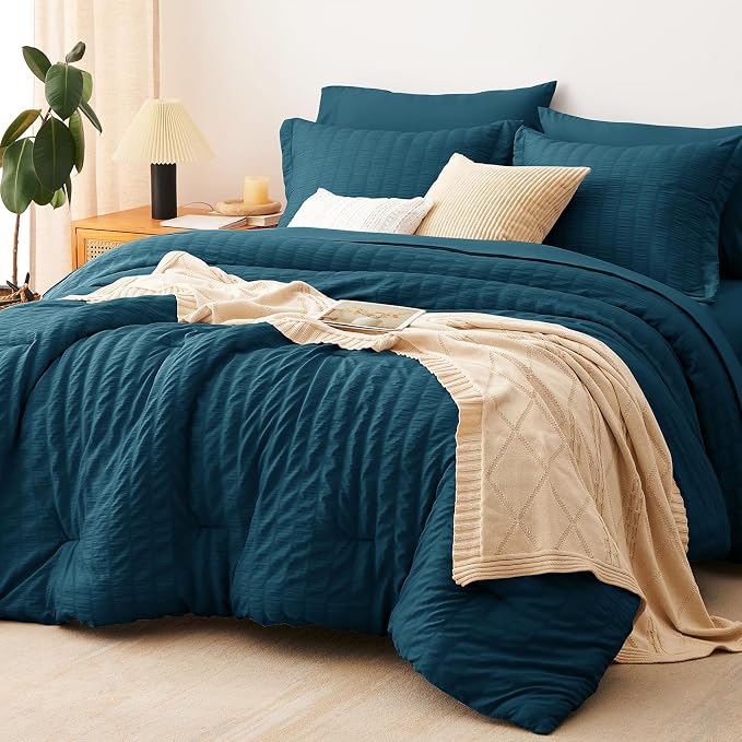 Full Size Comforter Set 7 Pieces Lyons Blue Seersucker Bed in a Bag | OEKO-TEX Certified, All Season Bedding Set with 240 GSM Down Alternative Comforter, Flat & Fitted Sheets, Pillowcases & Shams