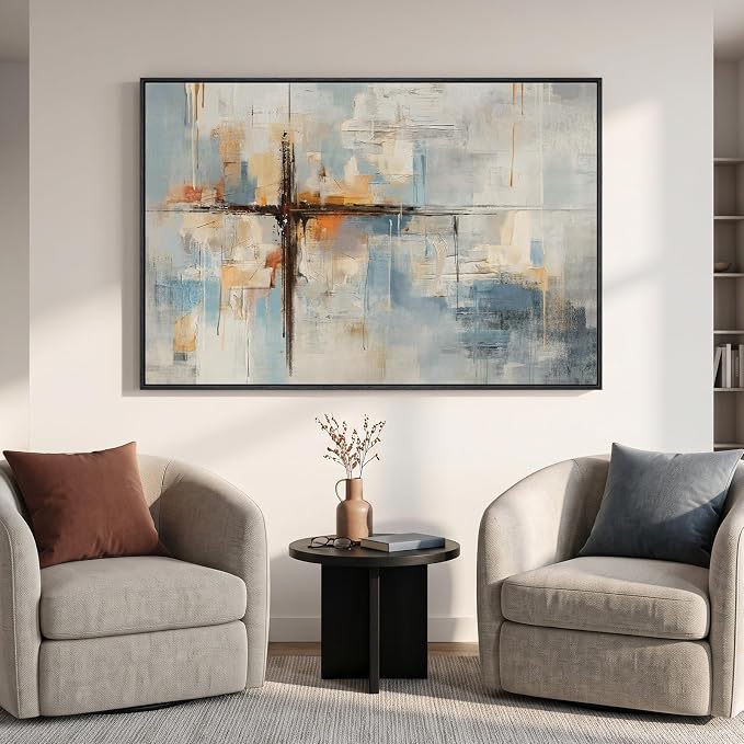 Extra Large Framed Blue Abstract Wall Art for Living Room, Horizontal 60x40 | Cross picture, Canvas prints, Wood frame, Modern blue orange paintings, Artwork for walls, Wall decor for bedroom dining room