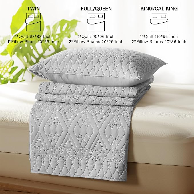 akkialla Full/Queen Size Quilt Bedding Set,Light Grey Lightweight Microfiber Soft Bedspread,Modern Style Geoetric Pattern Coverlet Set for All Seasons,3 Piece(1 Quilt,2 Pillow Shams)