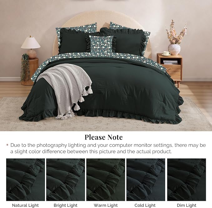 Twin XL Comforter Set-5 Pieces Ruffle Bedding Floral Sheet | Forest Green Bed in a Bag, Soft Lightweight All Season Farmhouse Twin XL Bedding Set with Floral Sheets, Pillowcases & Shams