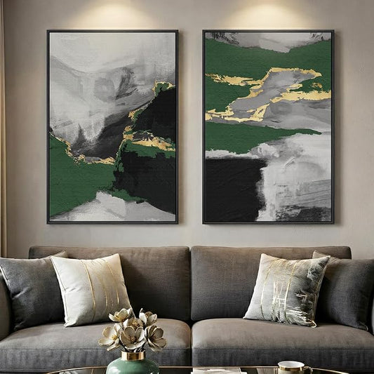 Large Framed Modern Green Gray Abstract Wall Art Decor Set of 2, 24x36 In | Gold Accents, Canvas prints, Modern paintings, Minimalist pictures, Black frame, Living room, Dining room, Bedroom wall decor