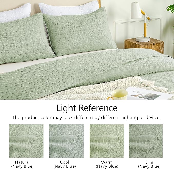 FLYMME Quilts Queen Size, Lightweight Sage Green Bedspreads, Basket Weave Pattern,Ultra Soft Microfiber Bed Coverlet 3 Pieces for All-Seasons (1 Quilt, 2 Shams)