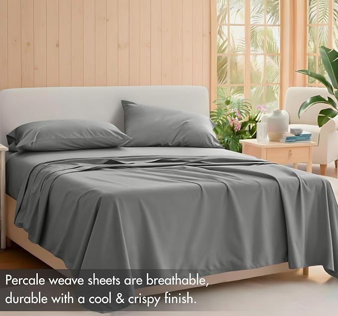 RUVANTI 100% Cotton Percale Sheets, Full Size, Dark Gray | Crisp Cooling, Deep Pocket 16", Soft Breathable & Durable, Hotel-Style, 4 Piece Set