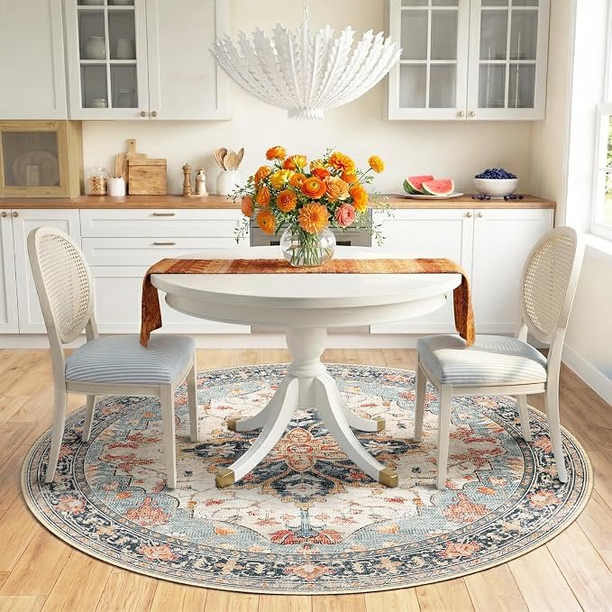 RELEANY Washable Area Rug, Round 6ft, Beige/Blue/Orange | Non-Slip, Water Repellent, Pet Friendly, Easy to Clean, Vintage Floral Boho Decor for Living Room Bedroom Dining Room