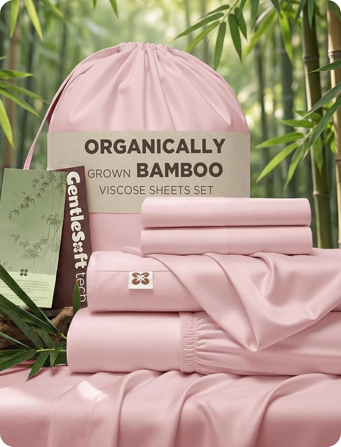 Bedsure PureWoven 100% Viscose Derived from Bamboo, Queen Sheets, 4PCS | Organically Grown, Cooling Bed Sheet for Hot Sleepers, 18" Deep Pocket with Corner Straps, Luxury Silky Soft, Pink