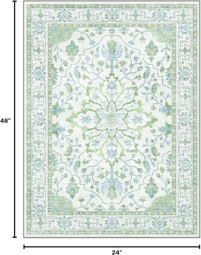 RELEANY Washable Area Rug, Small 2'x4', Green/White/Blue | Non-Slip, Water Repellent, Pet Friendly, Easy to Clean, Vintage Floral Boho Decor for Kitchen Entryway Bathroom
