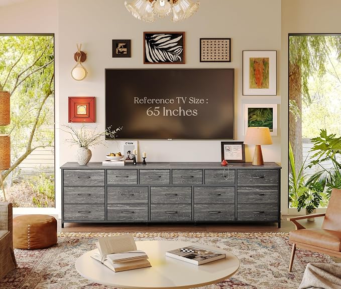 Huuger 77.6" Long Dresser for Bedroom, 16 Drawer Fabric Dresser for Closet, Wide Chest of Drawers with Storage, TV Stand for 65, 75, 85 Inch TV, 77.6" W x 13" D x 26.4" H, Charcoal Black