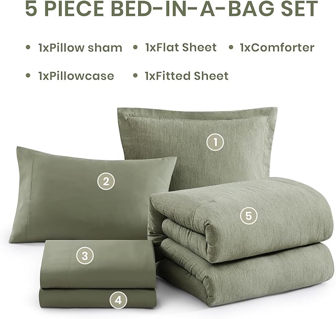 Monbix Twin XL Comforter Set Sage Green Bed in a Bag 5 Pieces for Dorm | Cationic Dyeing Reversible All Season Bedding Sets with Comforter, Sheets, Pillowcase & Sham