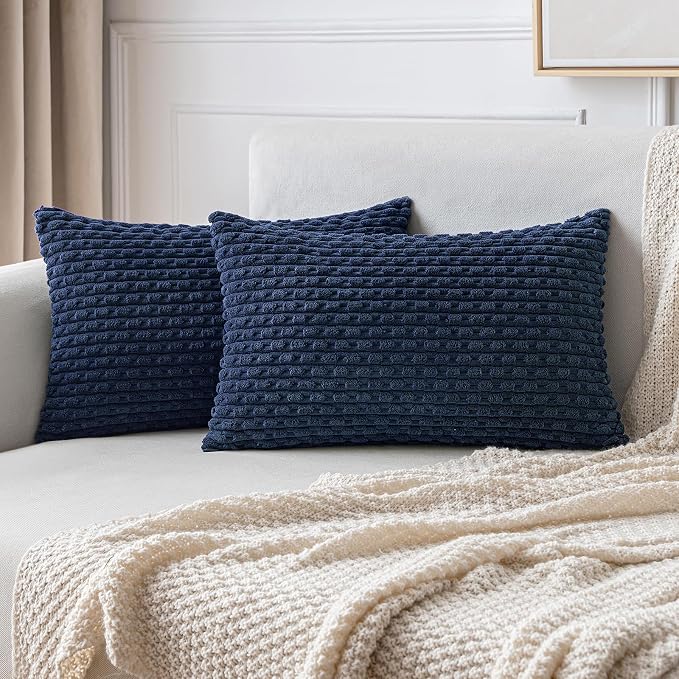MIULEE Lumbar Decorative Throw Pillow Covers 12x20 Navy Blue Corduroy | Textured Striped Pack of 2 Striped Pillow Covers Modern Farmhouse Coastal Home Decor for Couch Bed Sofa Living Room