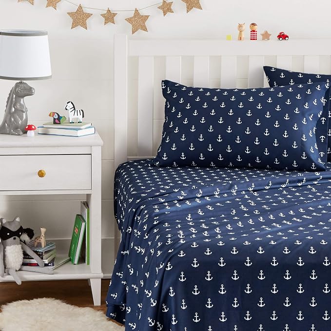 Amazon Basics Kid's Breathable Soft Microfiber 3-Piece Sheet Set, Easy-Wash, Machine Washable, Twin, White Anchors, Printed