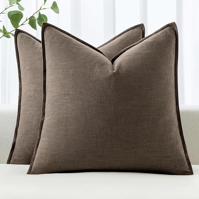MIULEE Decorative Linen Euro Sham Pillow Covers 24x24 Inch Coffee | Boho Farmhouse Fall Autumn Couch Throw Pillows for Bed, Pack of 2 Accent Modern Pillowcases, Sofa Livingroom Home Decor