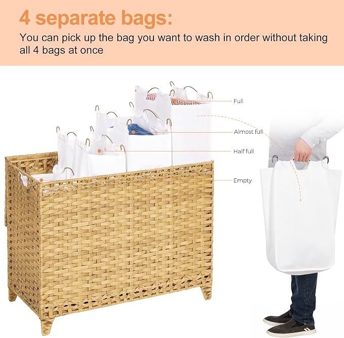 Laundry Hamper with 4 Removable Liner Bags, 176L Laundry Sorter with Lid | Raised Feet; Side Carry Handles; Handwoven PP Rattan; Rust-Resistant Iron Frame; Decorative Woven Design