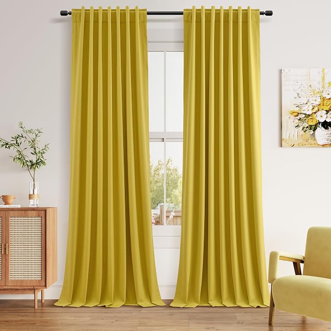 100% Blackout Curtains 120 Inch Length 2 Panels Set for Living Room Bedroom Back Tab Thermal Insulated Black Out Linen Drapes Room Darkening Celery Yellow,52x120