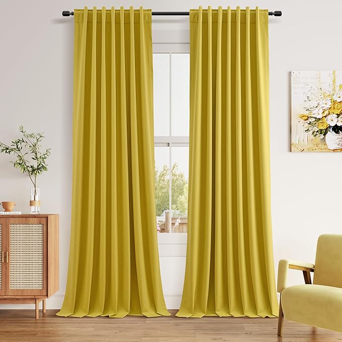 100% Blackout Curtains 96 Inch Length 2 Panels Set for Living Room Bedroom Back Tab Thermal Insulated Black Out Linen Drapes Room Darkening Celery Yellow,52x96