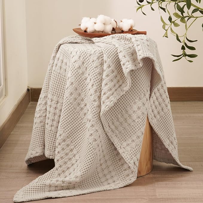 PHF Lightweight 100% Cotton Waffle Throw Blanket for Couch, Light Taupe | Pre-Washed Soft Cotton Comfort, Breathable Layering Warmth for Fall & Winter, Office, Travel, Sofa, Home Decor & Gifts
