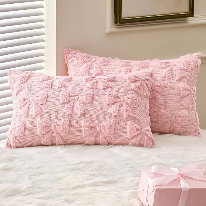 MIULEE Pink Bow Pillow Covers Coquette Room Decor 12x20 Lumbar | Aesthetic Decorative Cute Girl,Set of 2 Cushion Covers,Soft Plush Faux Pillowcases,Preppy Room Decor Bedroom Couch