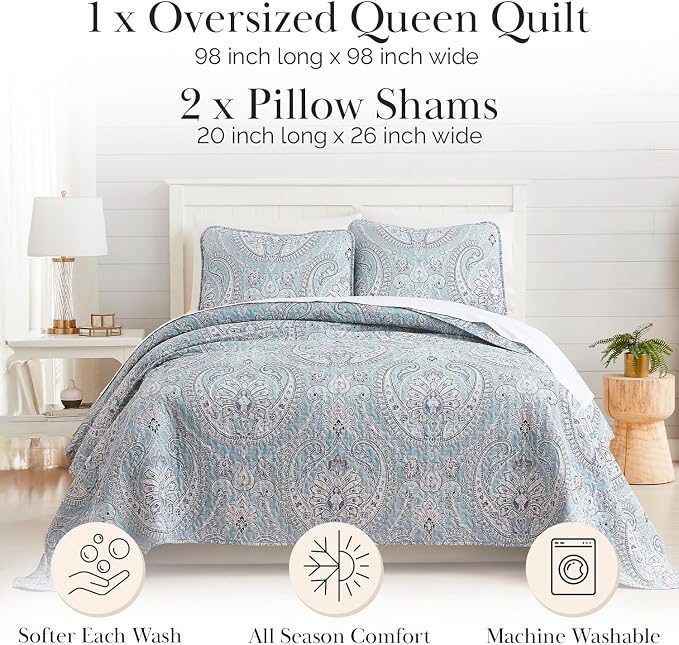 Southshore Fine Living, Inc. Full/Queen Quilt Bedding Set, Paisley Full Size Summer Bedspread, Boho Bedding Set for Full Size Mattress, Queen Size Quilt Coverlet & Matching Shams, Pure Melody Aqua