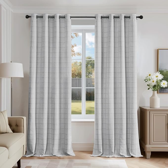 Beauoop Grey Plaid Jacquard Blackout Curtains for Bedroom 52x96 2 Panels | Gingham Checkered Room Darkening Drapes for Living Room 96 Inch Long Thermal Insulated Soundproof Window treatment Grommet