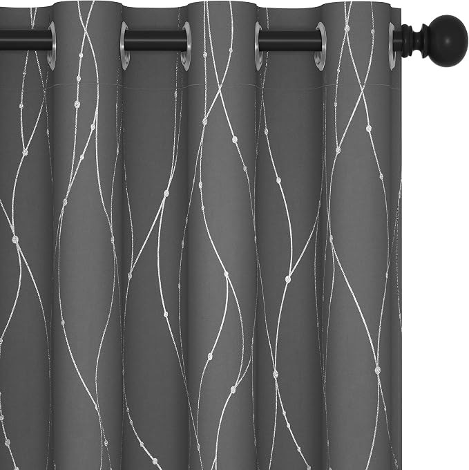 Deconovo 4 Panels Blackout Curtains, Grey Curtain, Thermal Insulated Soundproof Curtain Drapes, Wave Dot Foil Print, 52 x 84 Inch, Machine‑Washable Privacy Window Drape for Bedroom Living Room Office