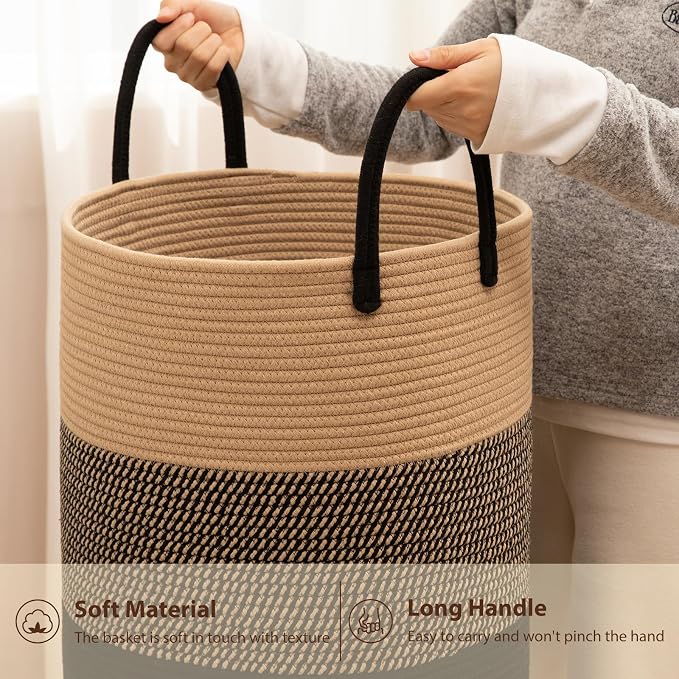OIAHOMY 100L Nursery Hamper Laundry Basket Laundry Hamper Yellow/Black | collapsible Blanket Basket Cotton Rope Woven Basket Dirty Clothes Hamper Baby Hamper Tall Clothes Hamper with Handles