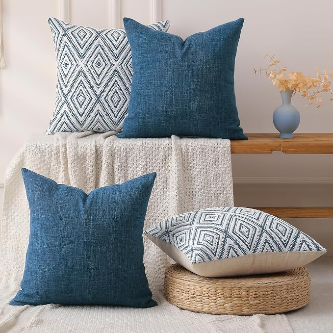 HPUK Throw Pillow Covers 20x20, Set of 4, Navy Blue Couch Pillow Covers | Polyester fabric, patterned and solid designs, hidden zippers, machine washable, for sofas and beds, inserts not included