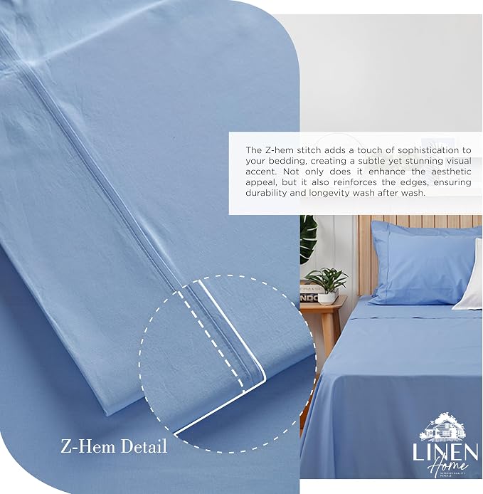 Linen Home 2-Pack Queen Sheet Set, 100% Cotton Percale Bedding, 8-Piece Value Bundle, Deep Pocket Cooling Bed Sheets for Hot Sleepers, Breathable & Crisp Hotel Quality, Long-Staple Cotton, Baby Blue