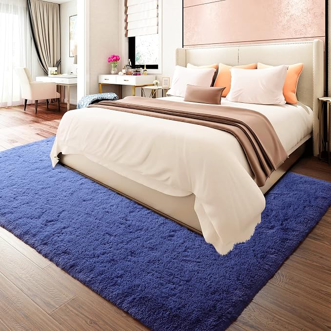Soft Modern Indoor Large Shaggy Rug for Bedroom Livingroom Dorm Kids Room Home Decorative, Non-Slip Plush Fluffy Furry Fur Area Rugs Comfy Nursery Accent Floor Carpet 5x8 Feet, Light Navy