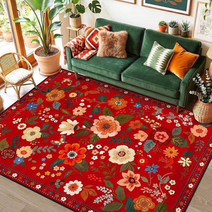 Floral Washable 8x10 Area Rugs Red/Orange | Flower Carpet, Print, Boho, Non-Slip, Easy to Clean, Soft, Low Pile for Living Room Bedroom Kitchen Office Entryway Hallway