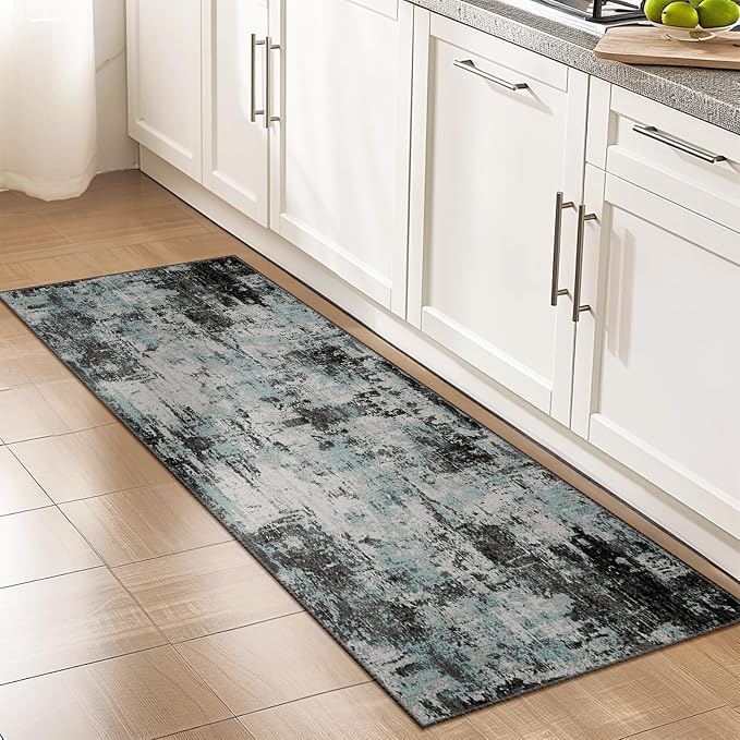 RELEANY Washable Runner 2'x6' Abstract Area Rug for Hallway Teal Black | Carpet for Kitchen, Entryway, Bathroom, Living Room, Bedroom, Printed Pattern, Non‑Slip, Soft, Stain‑Resistant, Easy to Clean
