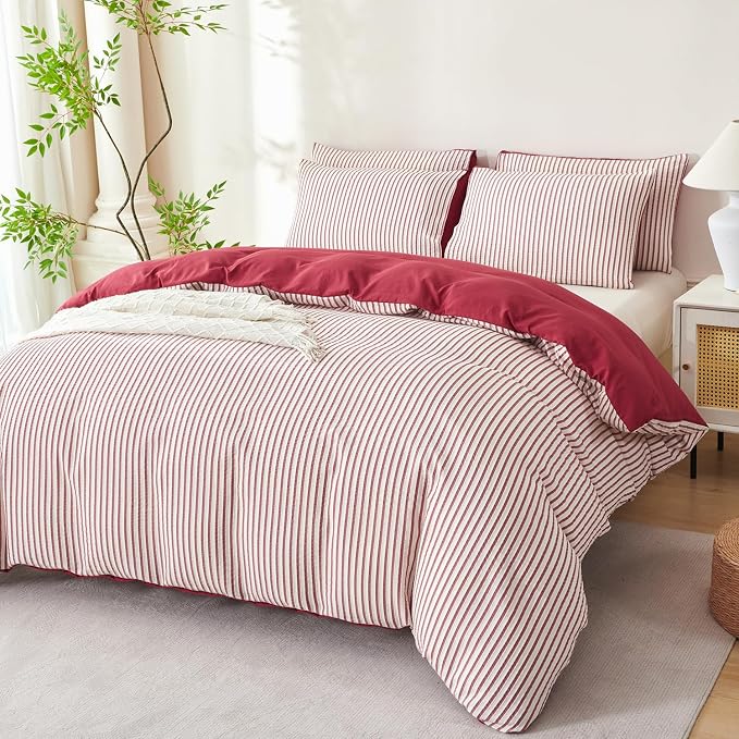 Comforter Set King Size Brick Red Striped Soft Luxury Washed Microfiber Jacquard 3 Pieces White Brick Red Vertical Ticking Stripes Pattern Comforter with 2 Pillowcases Breathable Durable Comfy