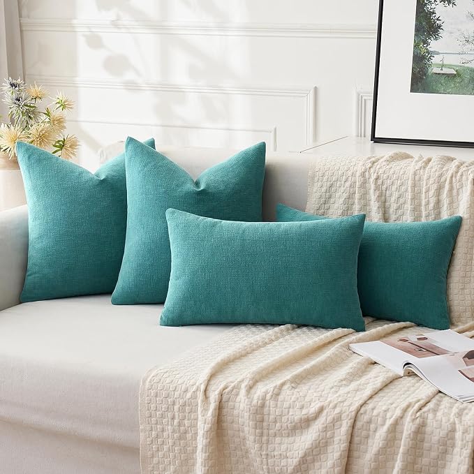 MIULEE Teal Chenille Couch Euro Throw Pillow Covers, 22x22 | Set of 2, Soft Coastal Home Decor, Modern Farmhouse Decorative Pillowcases for Sofa Living Room Bed